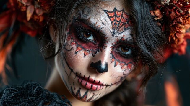 Woman celebrating D&iacute;a de Muertos with traditional sugar skull makeup and vibrant floral headpiece looking at camera