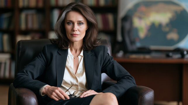 Professional mature businesswoman sitting in a corporate office, exuding confidence, wisdom, and leadership while holding glasses