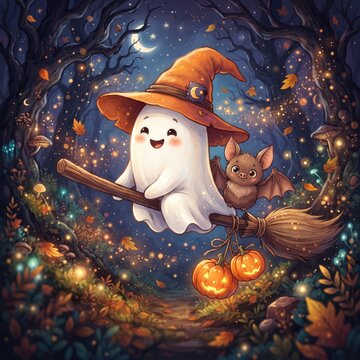 Cute ghost wearing a witch hat flying on a broomstick with a small bat and jackolanterns in a magical autumn forest