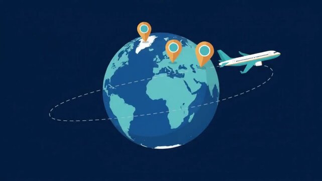 Airplane Flying Around Earth Globe with Destination Location Pins and Suitcase Travel Animation