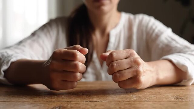 Woman clenching fists and tapping fingers on wooden table in indoor room
