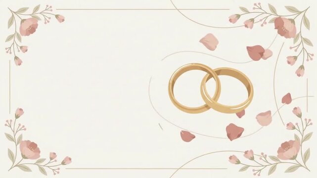 Elegant Wedding Invitation Card Background with Golden Rings and Floral Petals Animation