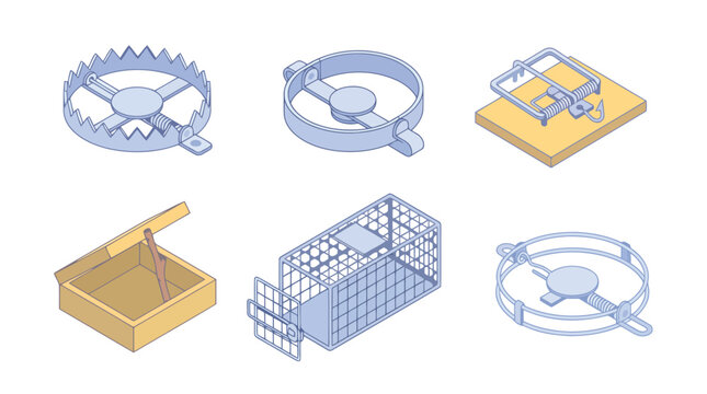Set of various animal traps and hunting equipment icons