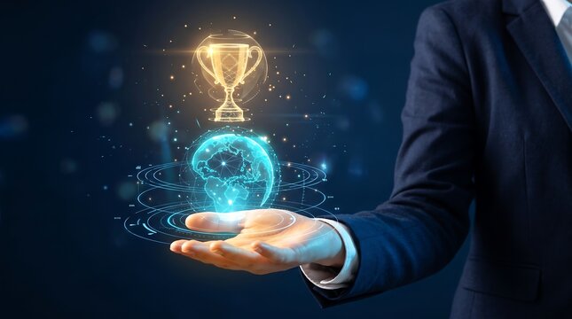 Businessman presenting glowing trophy and digital globe on his hand.