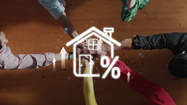 Engaging image showcasing hands around a table featuring a digital house icon and percentage symbol, representing investment opportunities and real estate growth. Raster