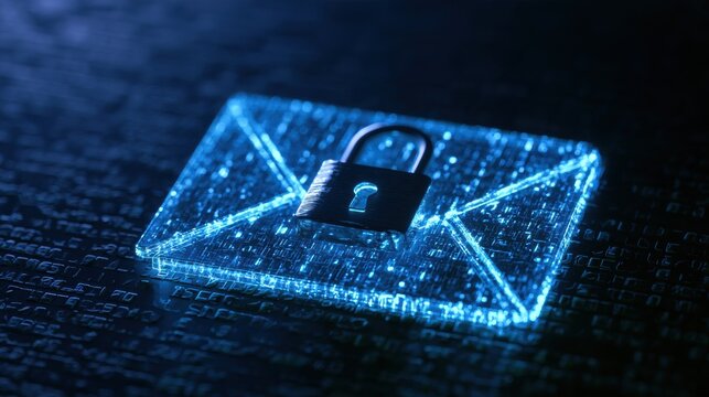 Message is protected by quantum key and visible as glowing packet. Quantum seal is shown as a lock. This illustrates digital communication security.