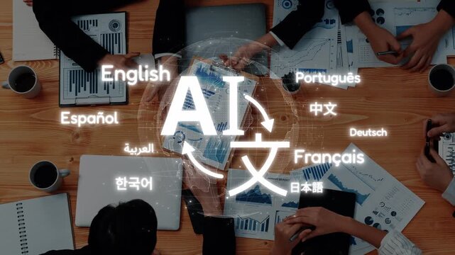 A dynamic workplace scene showcasing hands engaged in collaboration around a table with AI concepts, highlighting multilingual elements that represent diverse communication in technology. Raster