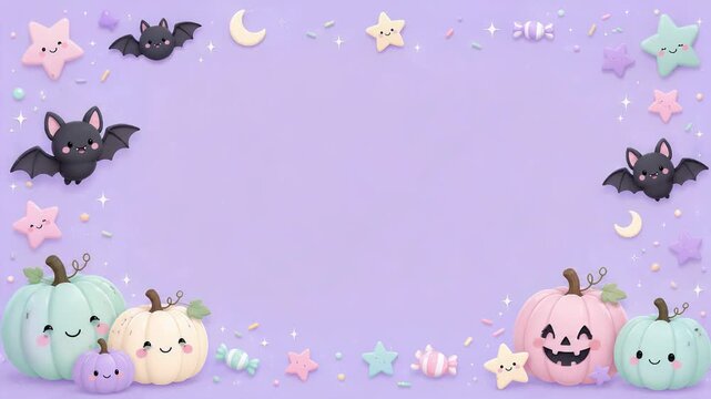 Pastel Halloween border with cute bats, smiling pumpkins and candy on lavender background. Spooky holiday greeting card. Festive seasonal design with copy space.