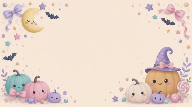 Pastel Halloween pumpkins and crescent moon with bats, stars and bows. Cute seasonal illustration with open central copy space. Whimsical holiday greeting card background.