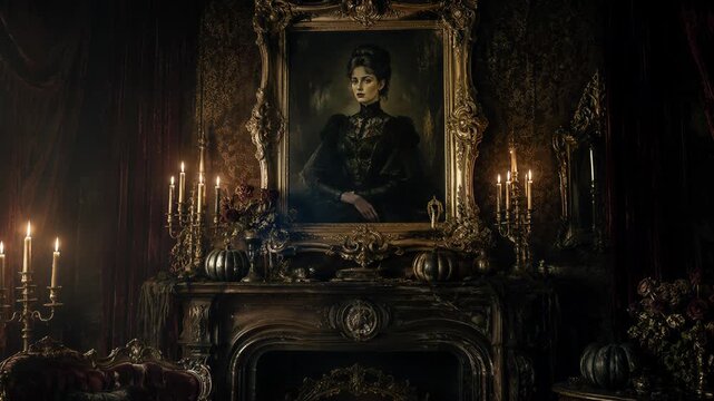 Victorian gothic parlor with portrait above ornate fireplace and Halloween pumpkins. Haunted mansion interior. Vintage Halloween decor. Dark antique elegance and horror concept.