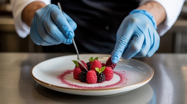 Chef wearing blue nitrile gloves carefully plating fresh mixed berries in a professional kitchen. Culinary art and food safety standards concept.