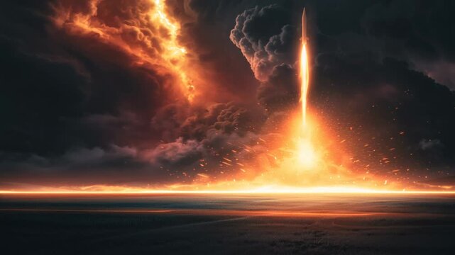 Bright rocket launch over field intense orange plume rising into stormy clouds, glowing base illuminating grassy plain, cinematic dusk lighting, seismic