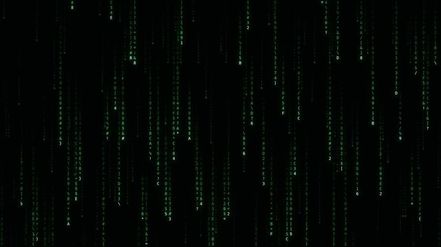 Seamless loop of green digital code rain falling on black background, hacker and cyber technology concept
