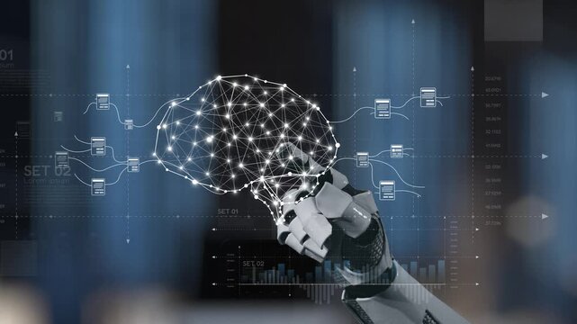 A close-up of a robotic hand is depicted next to a digital brain, showcasing advanced technology and data visualization in the realm of artificial intelligence and innovation. Salient
