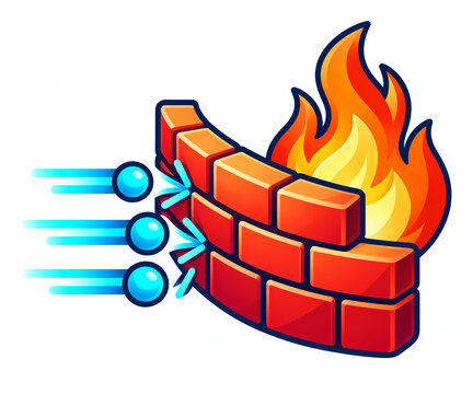 Cartoon illustration of a firewall concept showing digital data packets hitting a brick wall with flames