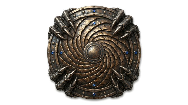 Fantasy round shield decorated with dragon claws, scales, and blue gems isolated on white background