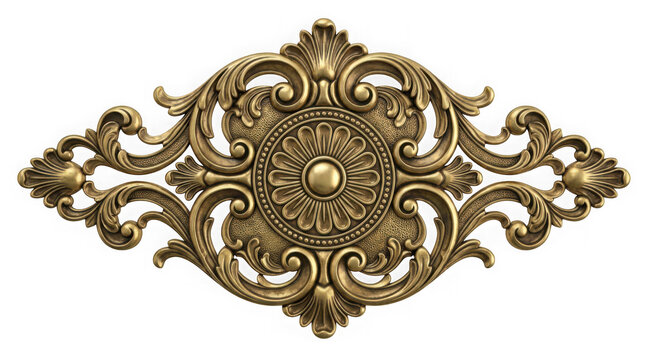 A decorative antique brass metal ornament with intricate floral and scroll patterns, isolated on transparent background