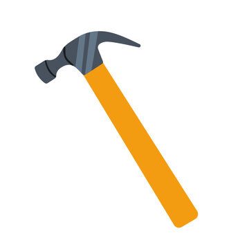 Claw hammer hand tool with wooden handle for nail pulling, woodworking, carpentry, and construction workshop repair in a flat vector graphic illustration style.