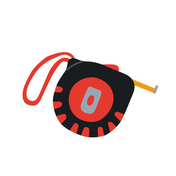 Retractable tape measure hand tool with wrist strap for carpentry, architecture, and construction measuring work in a flat vector graphic illustration style.
