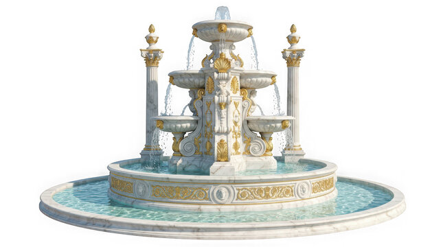 Grand marble fountain with gold accents and flowing water, featuring classical columns and intricate carvings, isolated on transparent background