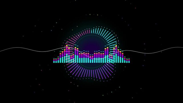 Futuristic neon audio equalizer loops with pulsing digital waves against a dark background pattern