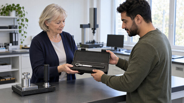 Technician receiving a compact manual torque wrench in an open fitted case from a customer beside the unloaded reference station at a bright calibration counter