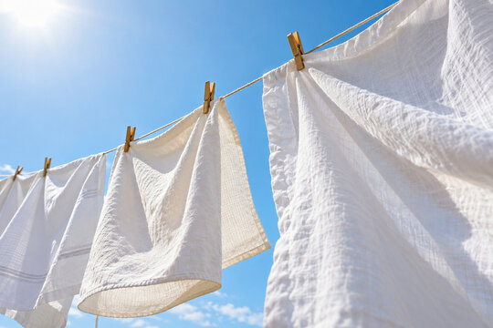 White linen drying on a clothesline under a blue sky