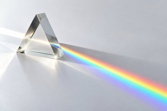 Glass prism casting a rainbow across a white surface