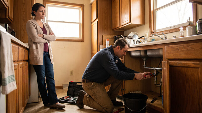 Plumber Fixing Kitchen Sink Pipe with Homeowner Watching