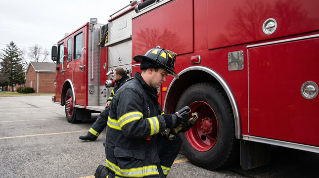 Firefighter Checking Gear Beside Fire Truck