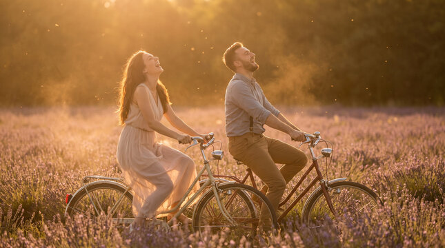 Couple Cycling Through Lavender Field in Summer