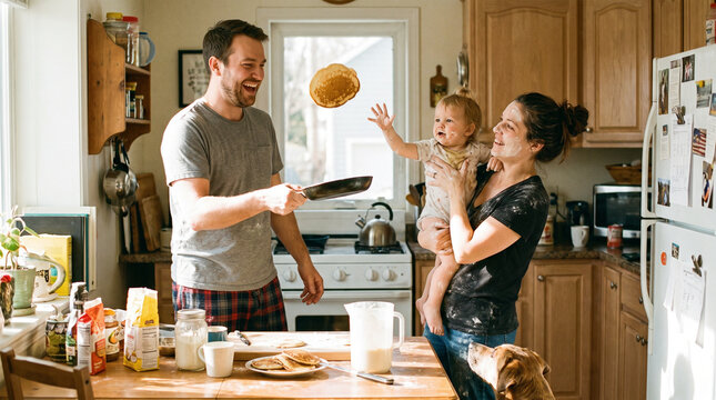 Parents and Child Making Pancakes on Weekend Morning