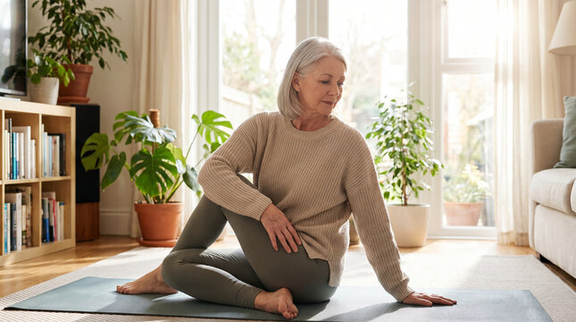 Senior Woman Doing Gentle Stretches in Bright Living Room