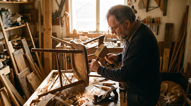 Retired Man Repairing Wooden Chair in Home Workshop