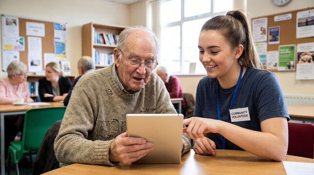 Senior Man Learning Tablet from Volunteer in Community Room