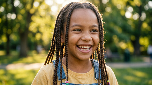 Portrait of Smiling Girl with Braids in Sunlit Park