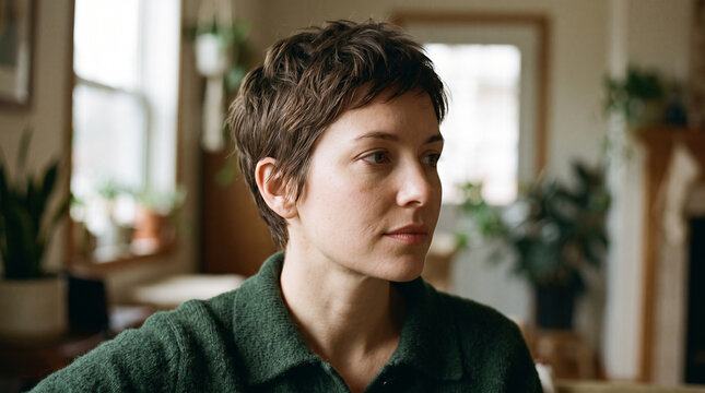 Portrait of Woman with Pixie Cut Looking Away Thoughtfully