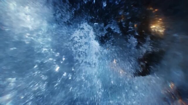 Turbulent blue water swirls around dark underwater rocks beneath a bright diffuse light