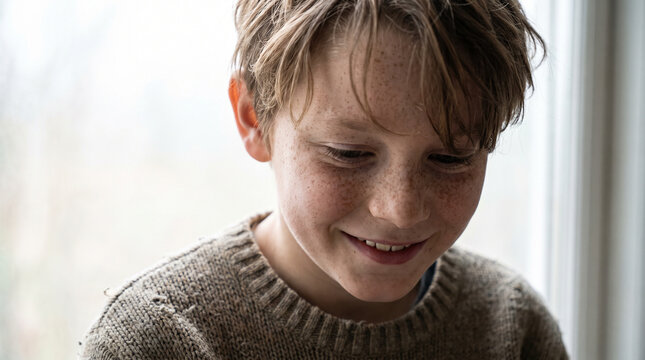 Close-Up Portrait of Young Boy with Freckles Smiling Shyly