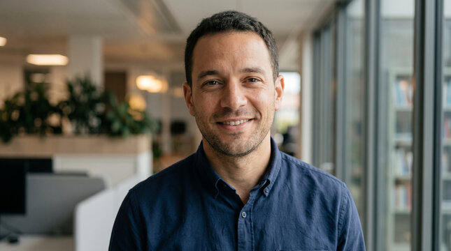 Close-Up Portrait of Man in Navy Shirt with Relaxed Smile