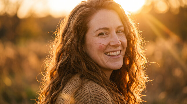 Close-Up Portrait of Woman with Wavy Hair Smiling at Sunset