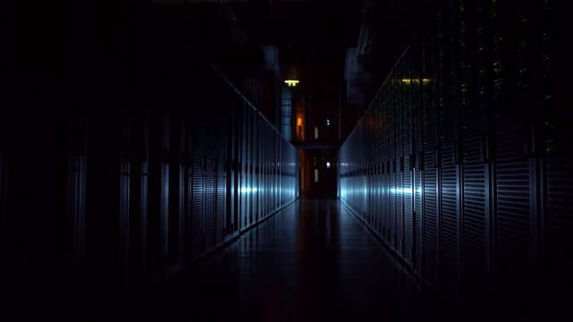 Server racks glow with changing red and blue lights in a dark data center corridor