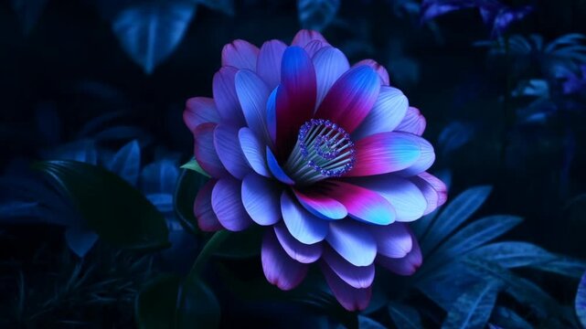 Purple flower opening its layered petals in a dark blue illuminated garden