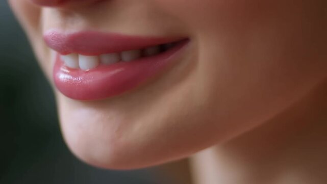 Closeup of Glossy Pink Lips Parting to Reveal Teeth Against a Soft Dark Background