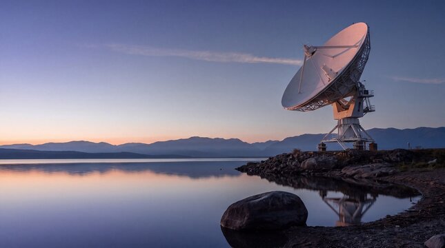 Gro&szlig;e Satellitenantenne am Seeufer vor Sonnenaufgang