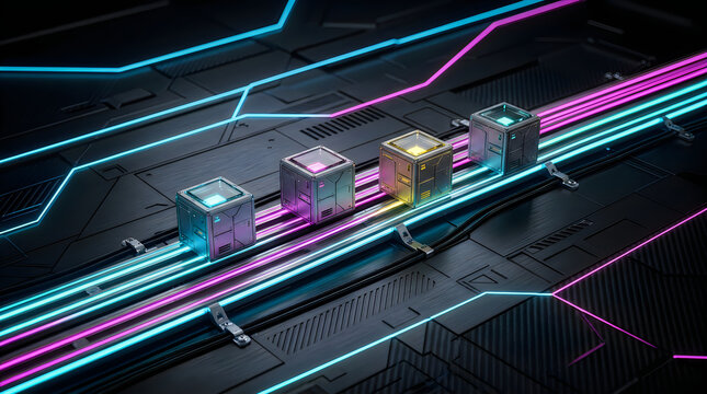 Abstract technology background with glowing cubes moving along colorful neon light data lines