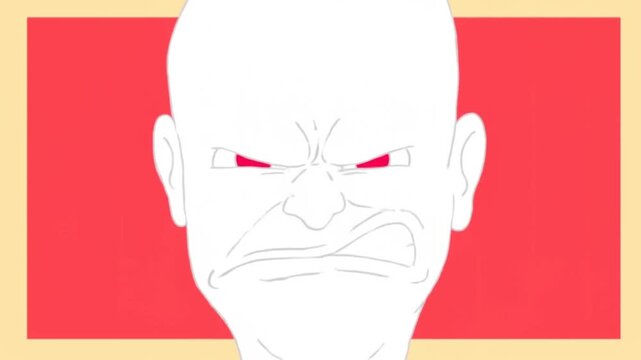 Animated bald man transitions from a stern stare to an angry grimace against a red background