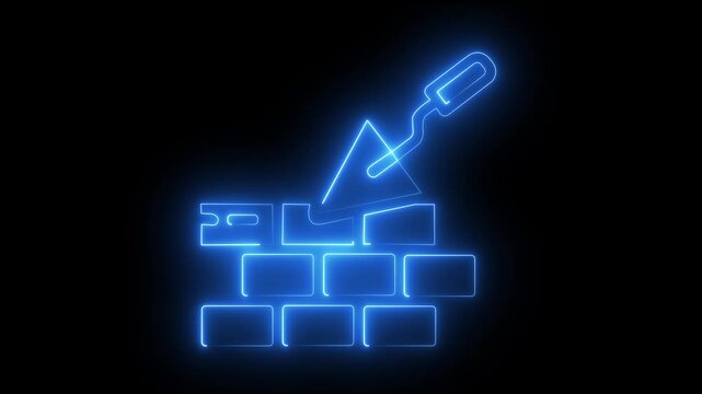 Neon brick wall and trowel icon animation construction industry concept for digital and architecture projects on black background ,4k video animation ,