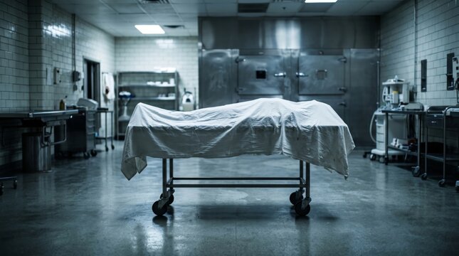 Covered body on a wheeled table in a hospital morgue. Forensic examination and death investigation. Mortuary and pathology services. Medical procedure and healthcare facility.