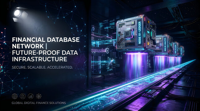 Digital financial database network with glowing blue data cubes on a dark abstract background